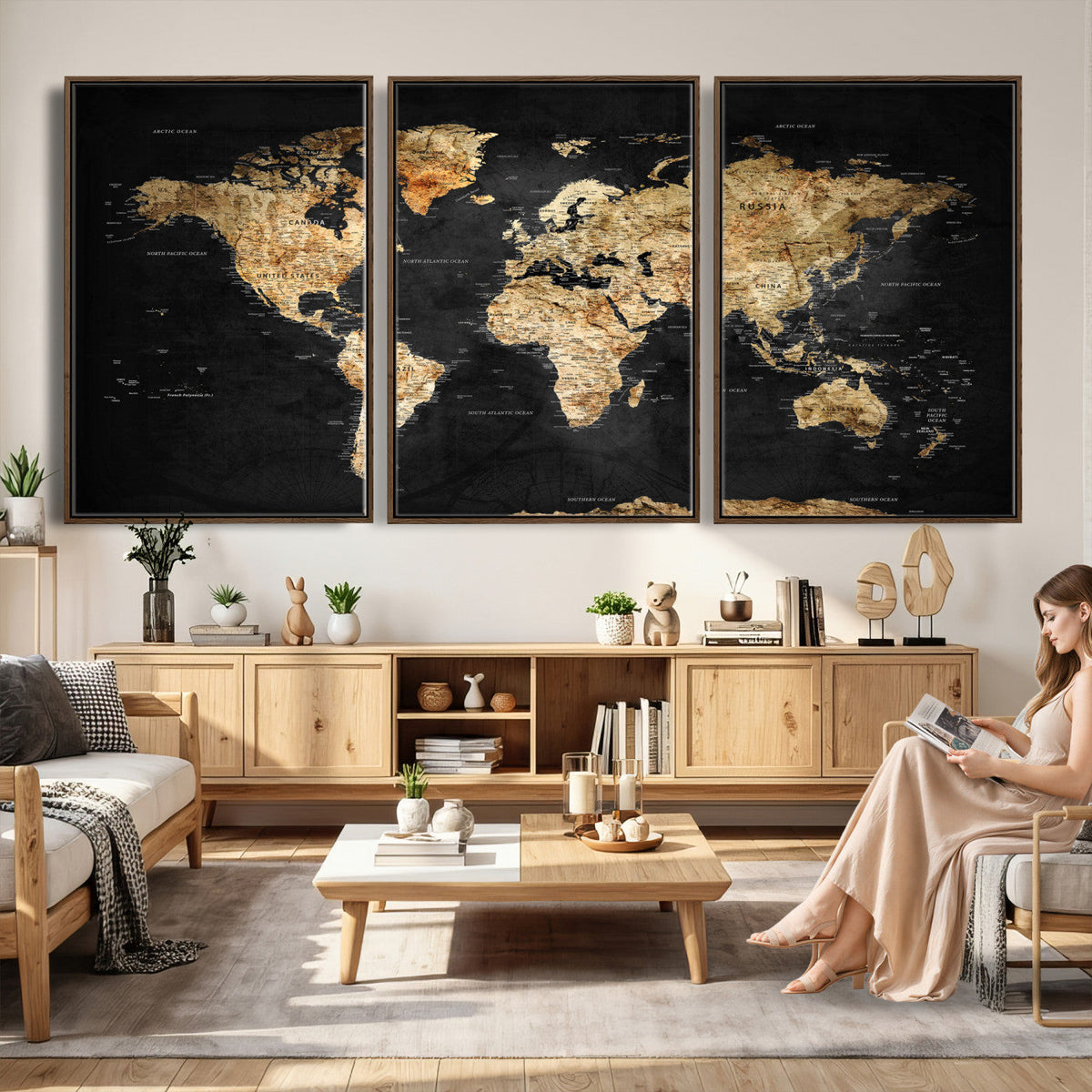 World Map Canvas Wall Art with Famous Landmarks | Framed Travel Map
