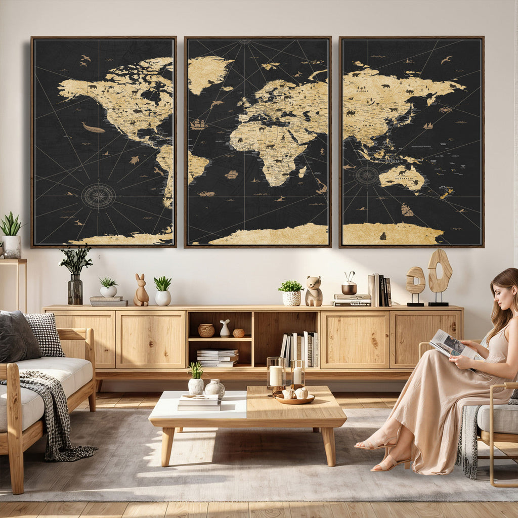 Vintage Blue and Brown World Map Canvas Wall Art | Framed Rustic Map Print