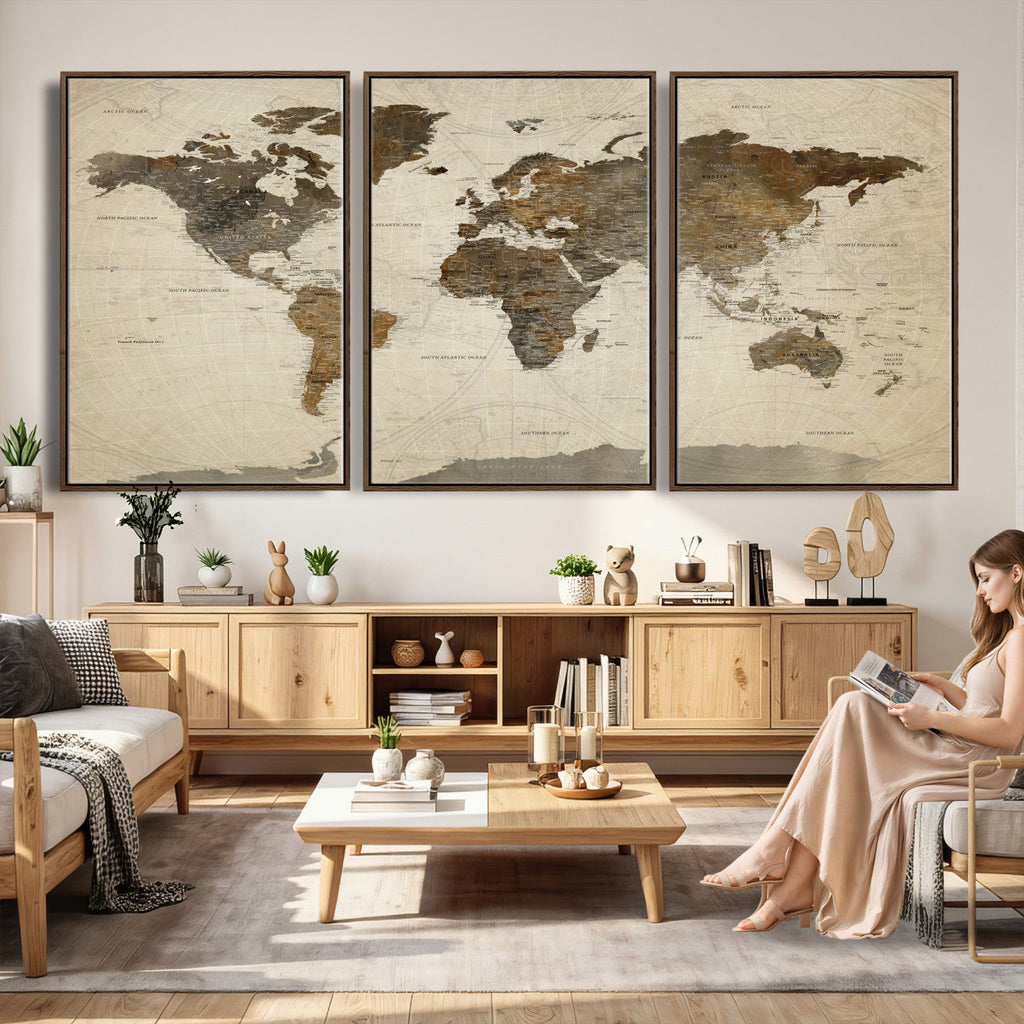 Vintage World Map Canvas Wall Art | Framed Antique Style Travel Map