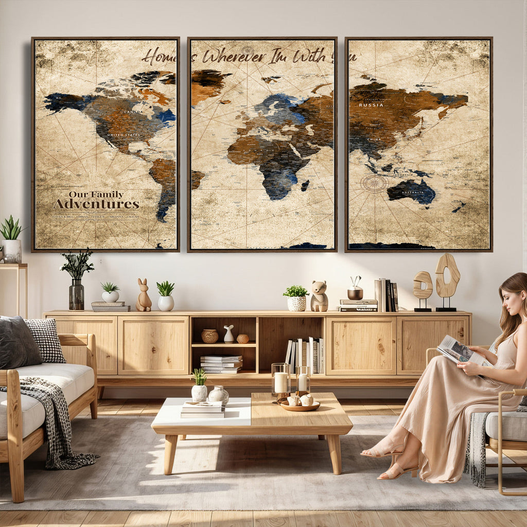 World Map Wall Art | Rustic Earth Tone Canvas Print, Antique Travel Map
