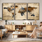 World Map Wall Art | Rustic Earth Tone Canvas Print, Antique Travel Map