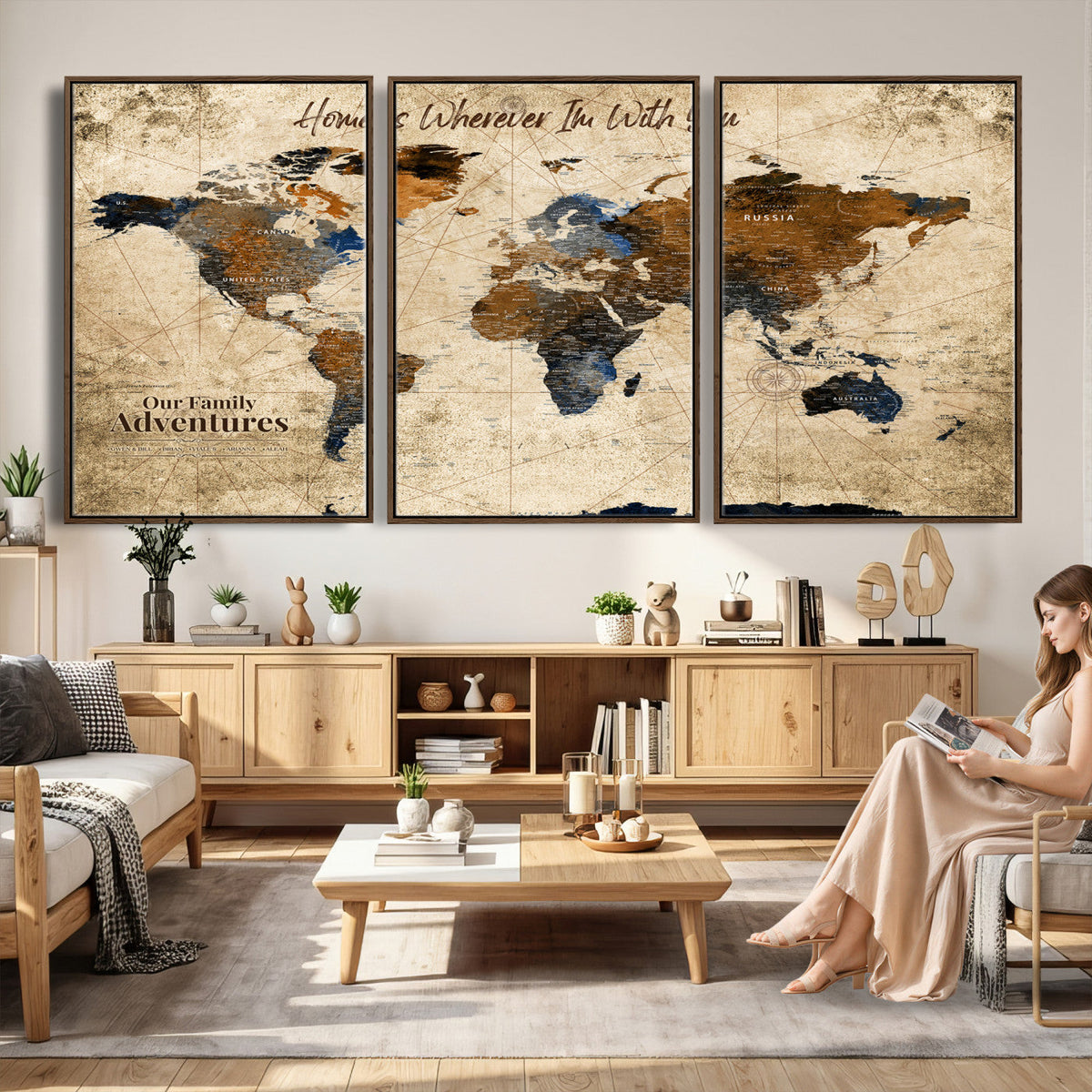 World Map Wall Art | Rustic Earth Tone Canvas Print, Antique Travel Map