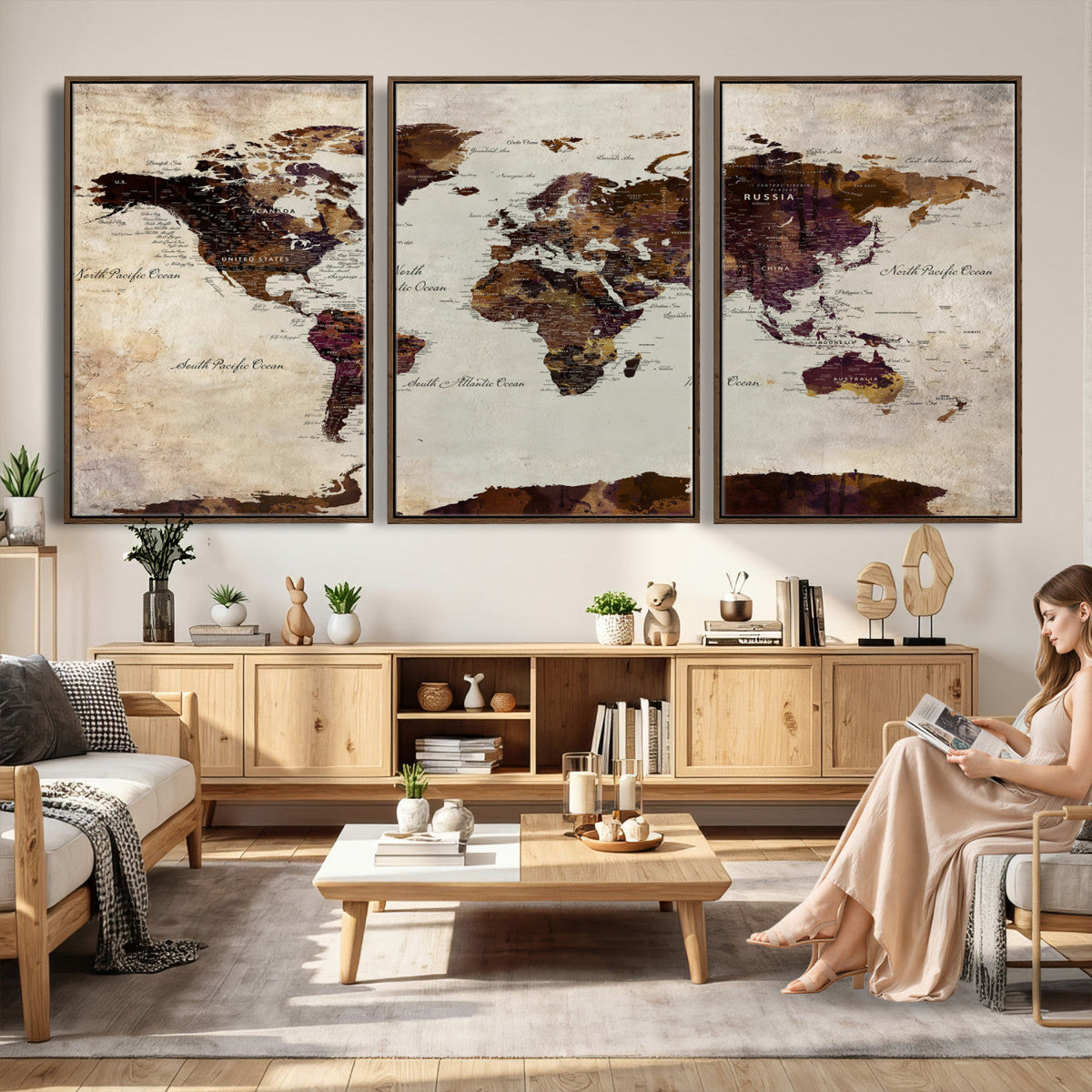 World Map Canvas Triptych | Colorful Global Wall Art for Living Rooms