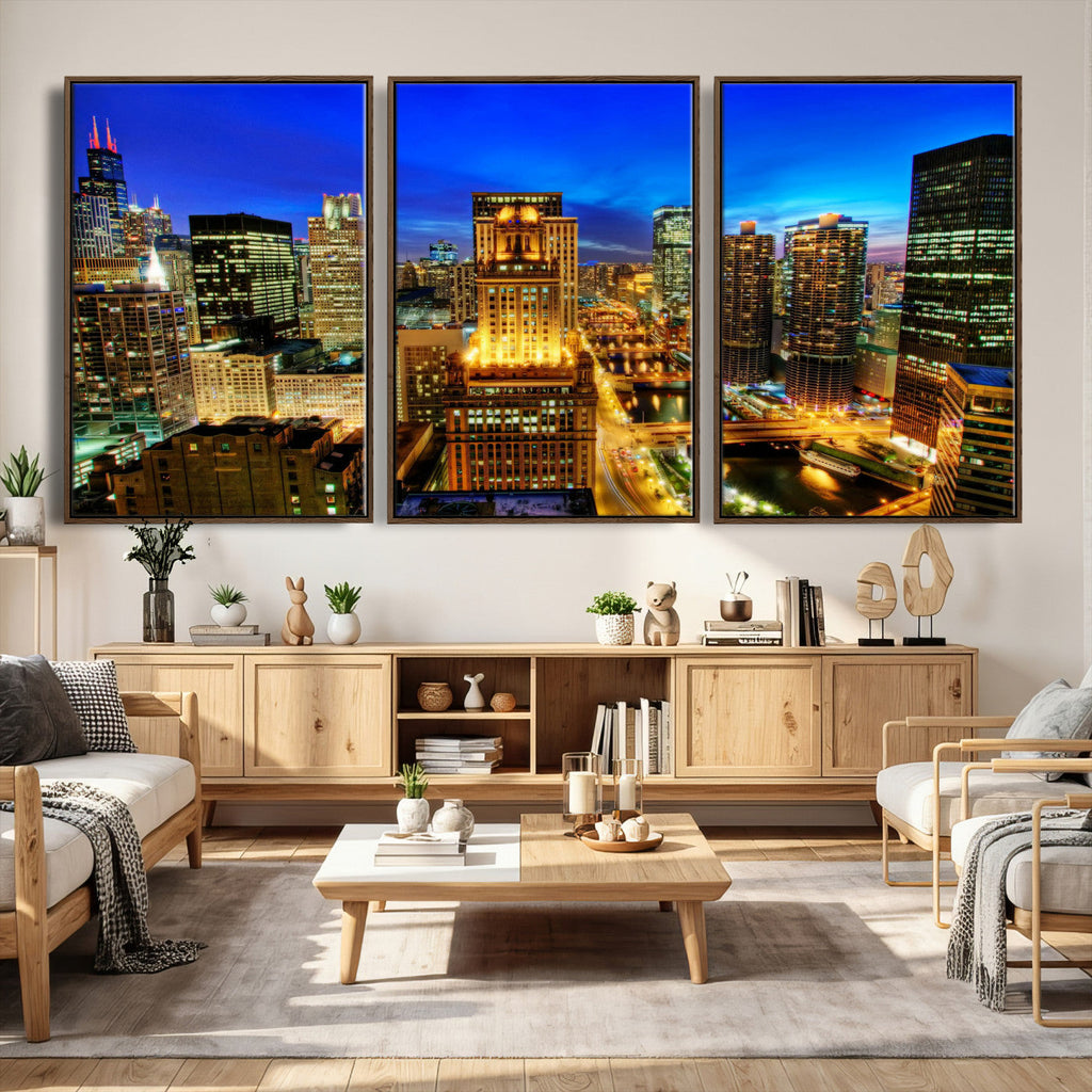 Chicago Wall Art Canvas Print - Chicago City Downtown Night Cityscape
