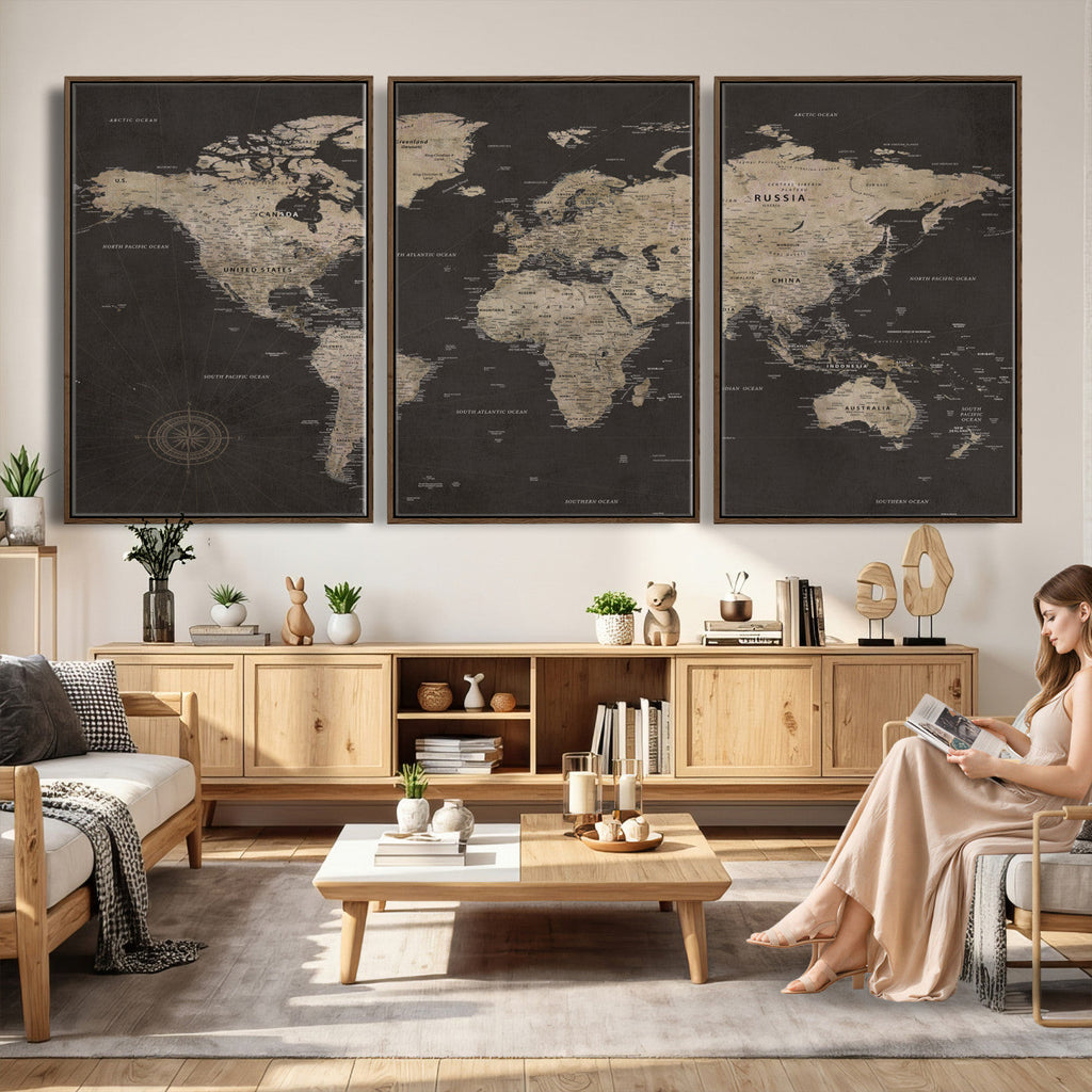 World Map Canvas Wall Art, Dark Charcoal and Antique Tan Detailed Map