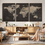 World Map Canvas Wall Art, Dark Charcoal and Antique Tan Detailed Map