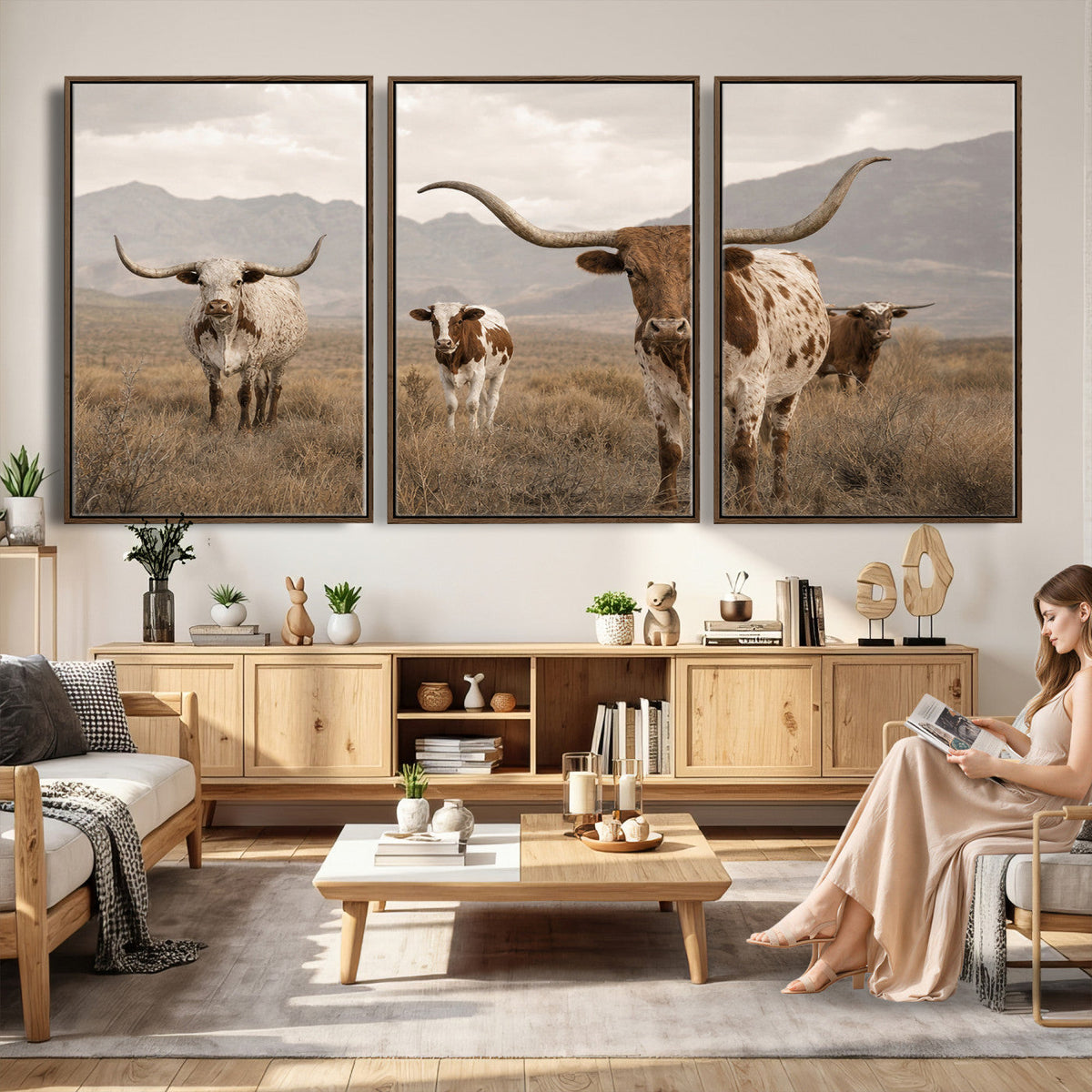 Rustic Texas Longhorn Cow Canvas Wall Art Print, Farm Animal Photography