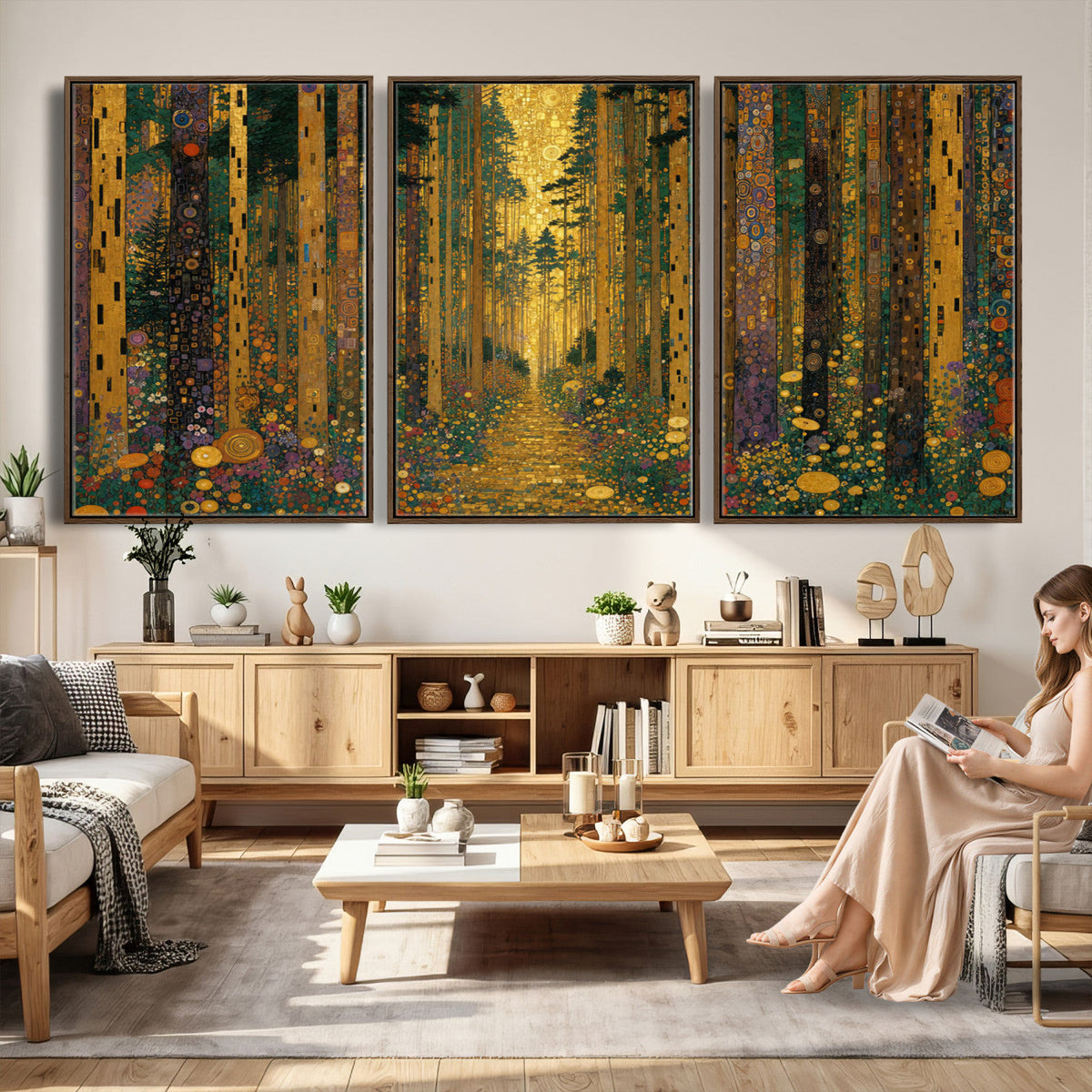 Gustav Klimt Style Forest Canvas Wall Art, Golden Forest Path Floral Art Nouveau Print