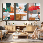Blue Teal Abstract Canvas Wall Art, Modern Brushstroke Style Print, Navy Orange Contemporary Decor