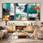 Blue Teal Abstract Canvas Wall Art, Modern Brushstroke Style Print, Navy Orange Contemporary Decor
