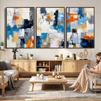 Blue Teal Abstract Canvas Wall Art, Modern Brushstroke Style Painting Print, Navy Orange Contemporary Decor