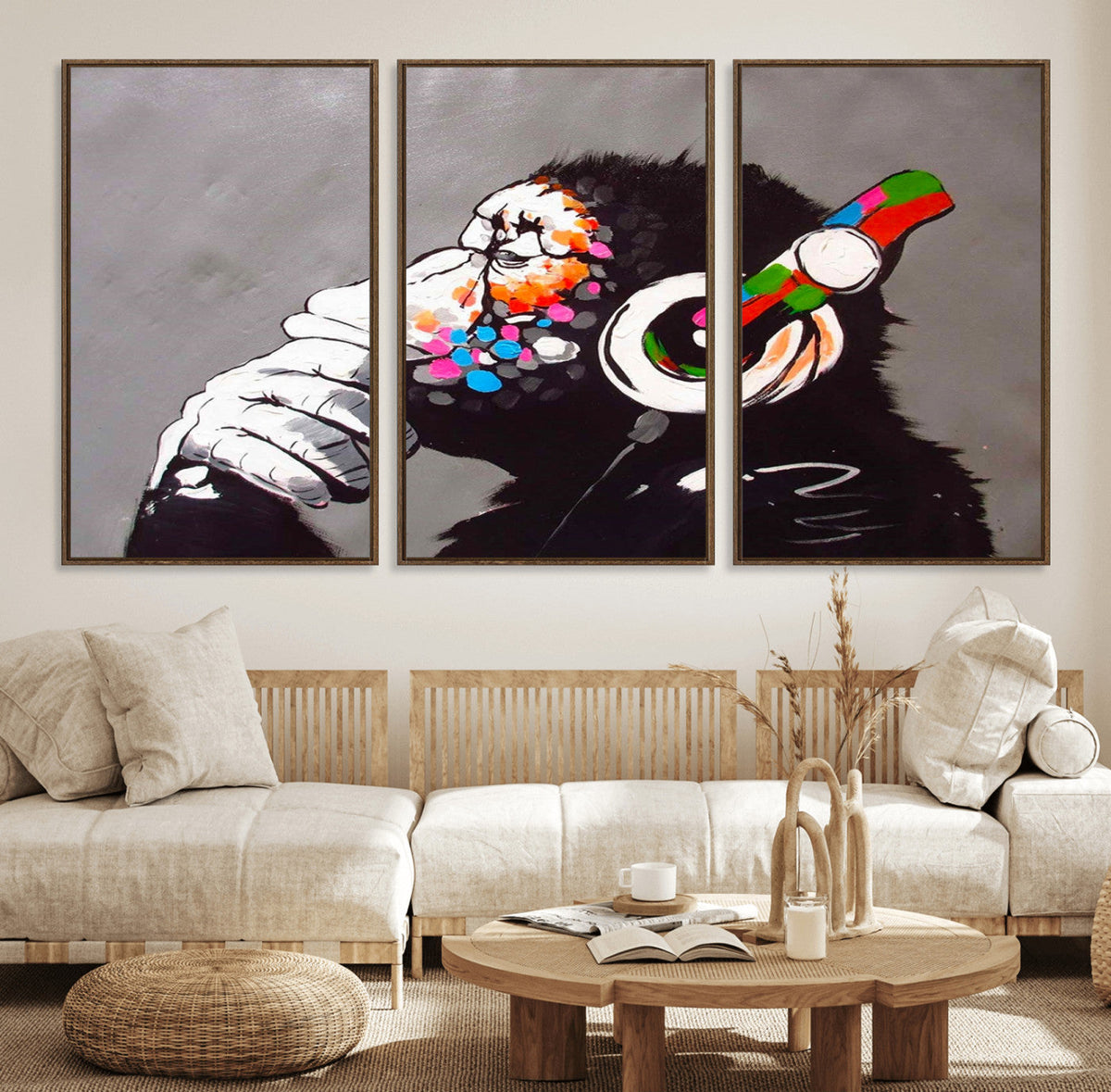 DJ Monkey Listening to Music Wall Art Print | Banksy Monkey Large Canvas Print