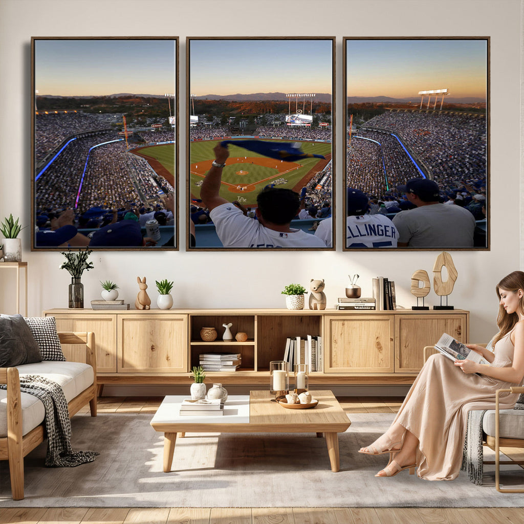 Dodger Stadium Sunset Game Triple Canvas Wall Art, Los Angeles Dodgers MLB Match