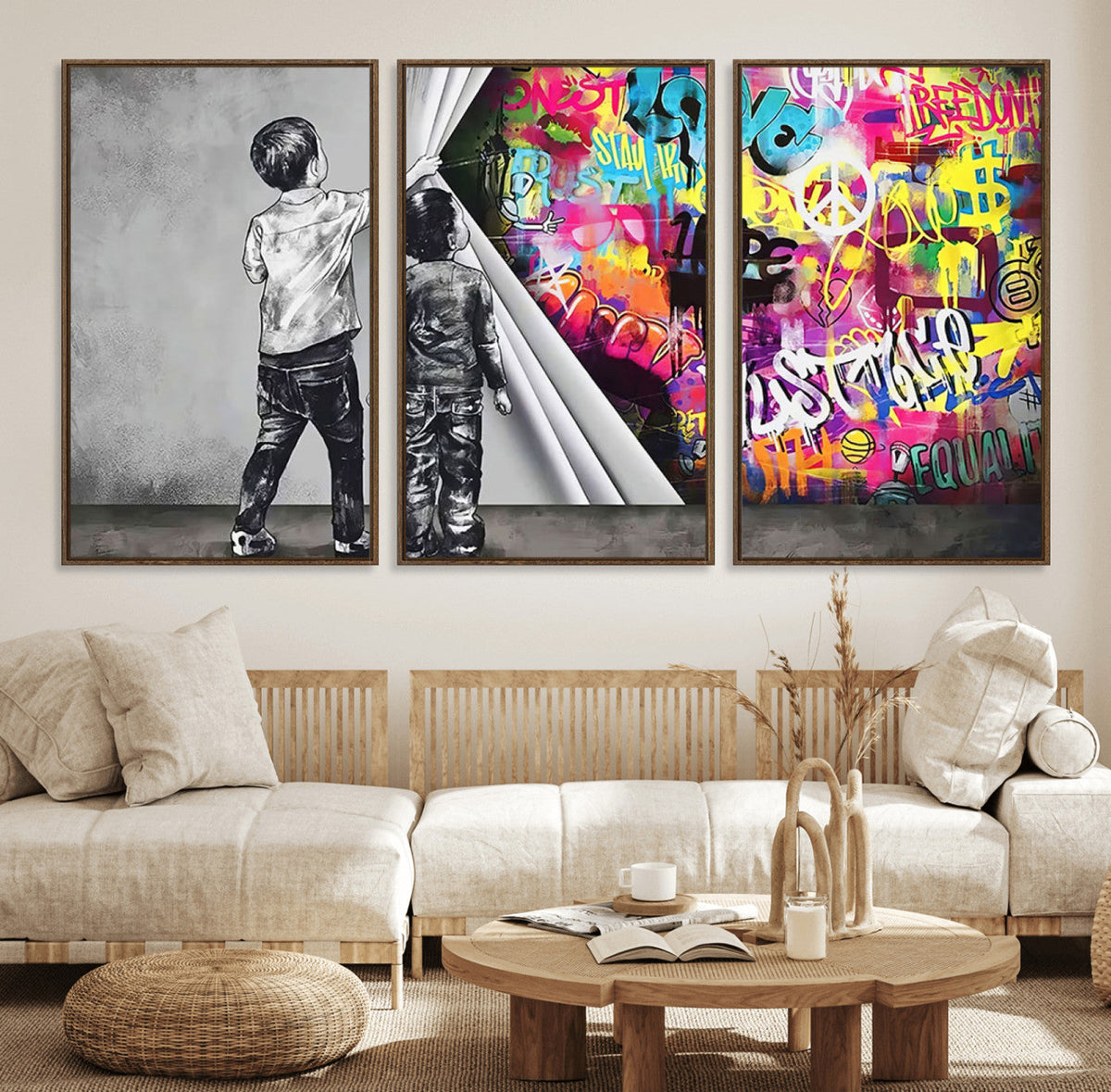 Banksy Print, Street Art Canvas Wall Art, Kids Revealing Graffiti, Urban Modern Decor