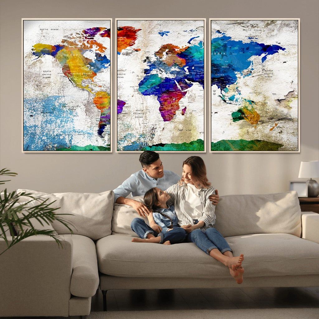Navy Blue and Orange Watercolor World Map Canvas Print | Framed Travel Map