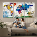Navy Blue and Orange Watercolor World Map Canvas Print | Framed Travel Map