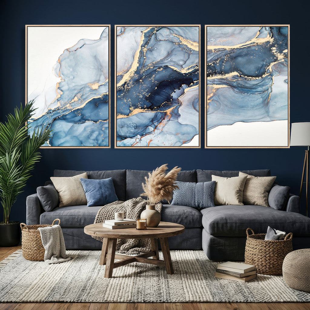 Blue Abstract Canvas Wall Art Print | Fluid Marble Effect Abstract Art