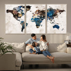 Abstract Earth Tone Blue World Map Canvas Print | Framed Travel Map Wall Art