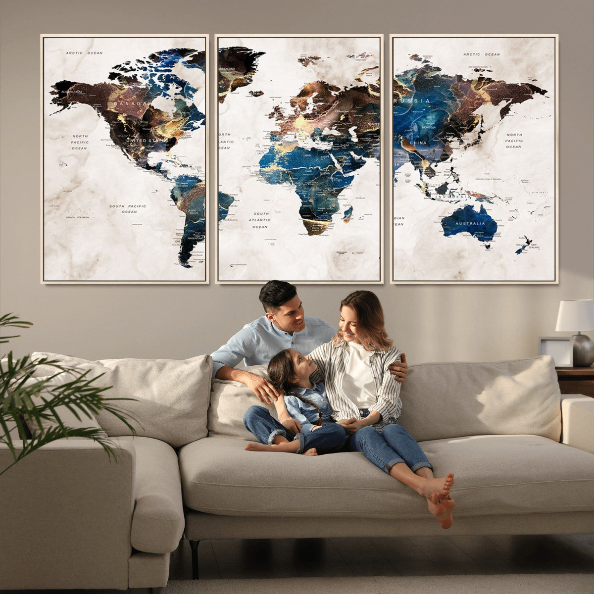 Abstract Earth Tone Blue World Map Canvas Print | Framed Travel Map Wall Art