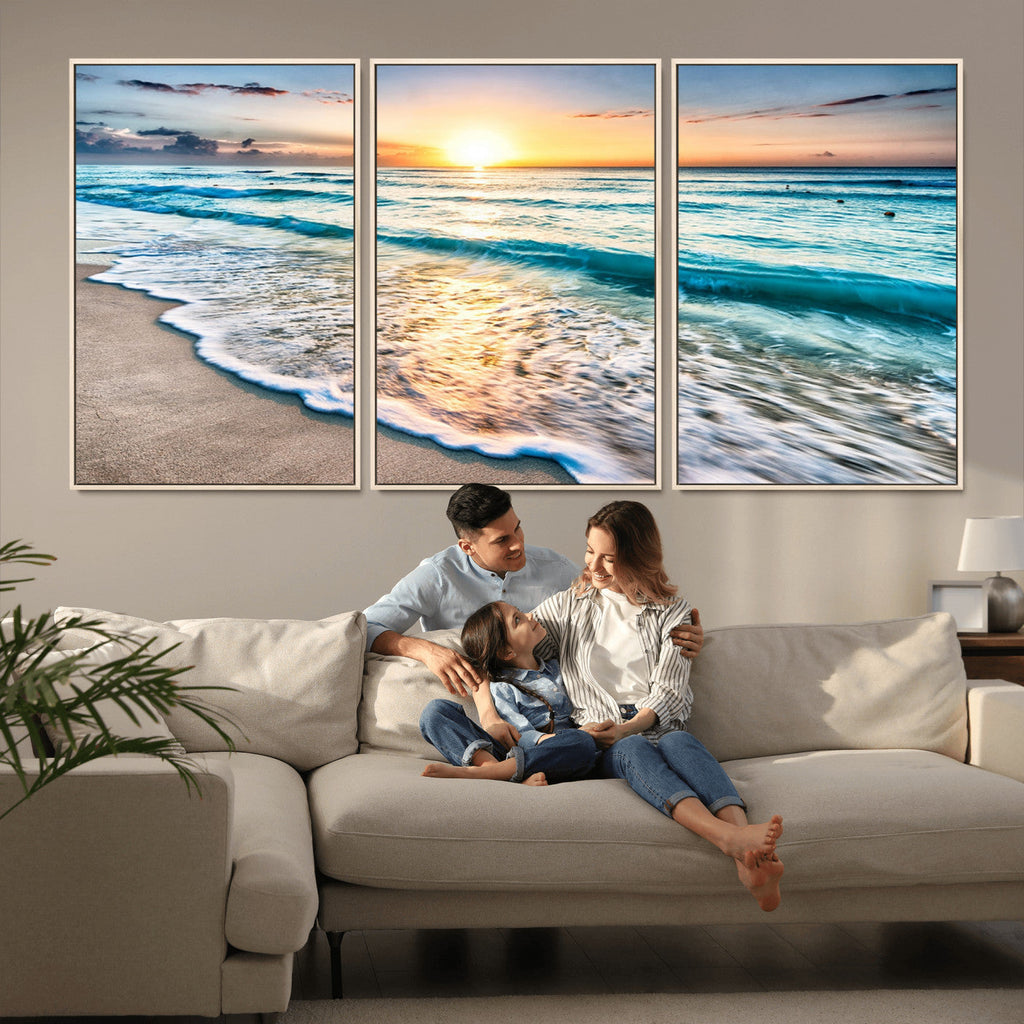 Sunset Beach Waves Canvas Wall Art | Ocean Sunset Coastal Print