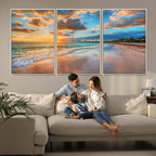 Sunset Beach Canvas Wall Art | Tropical Triptych Seascape Print