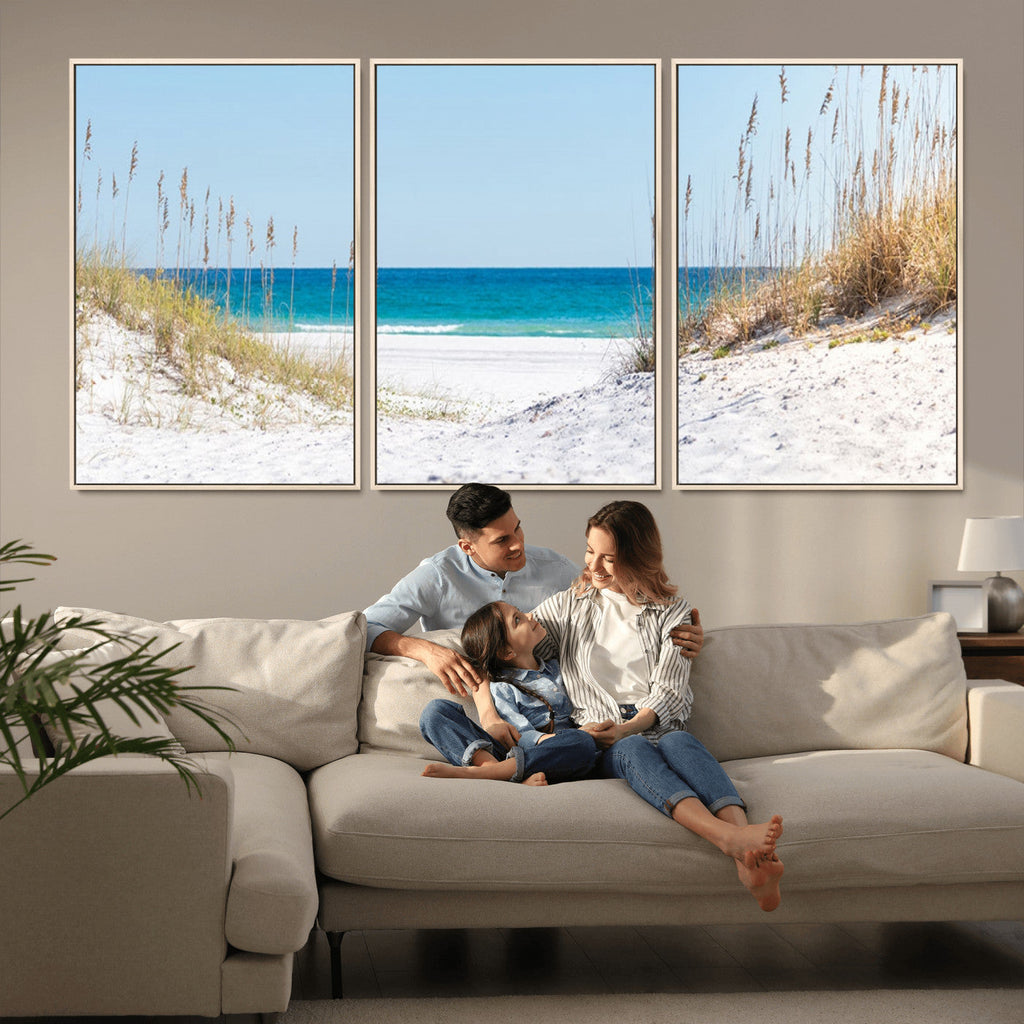 Serene Coastal Dune Path with Ocean View, 3-Panel Beach Canvas Wall Art