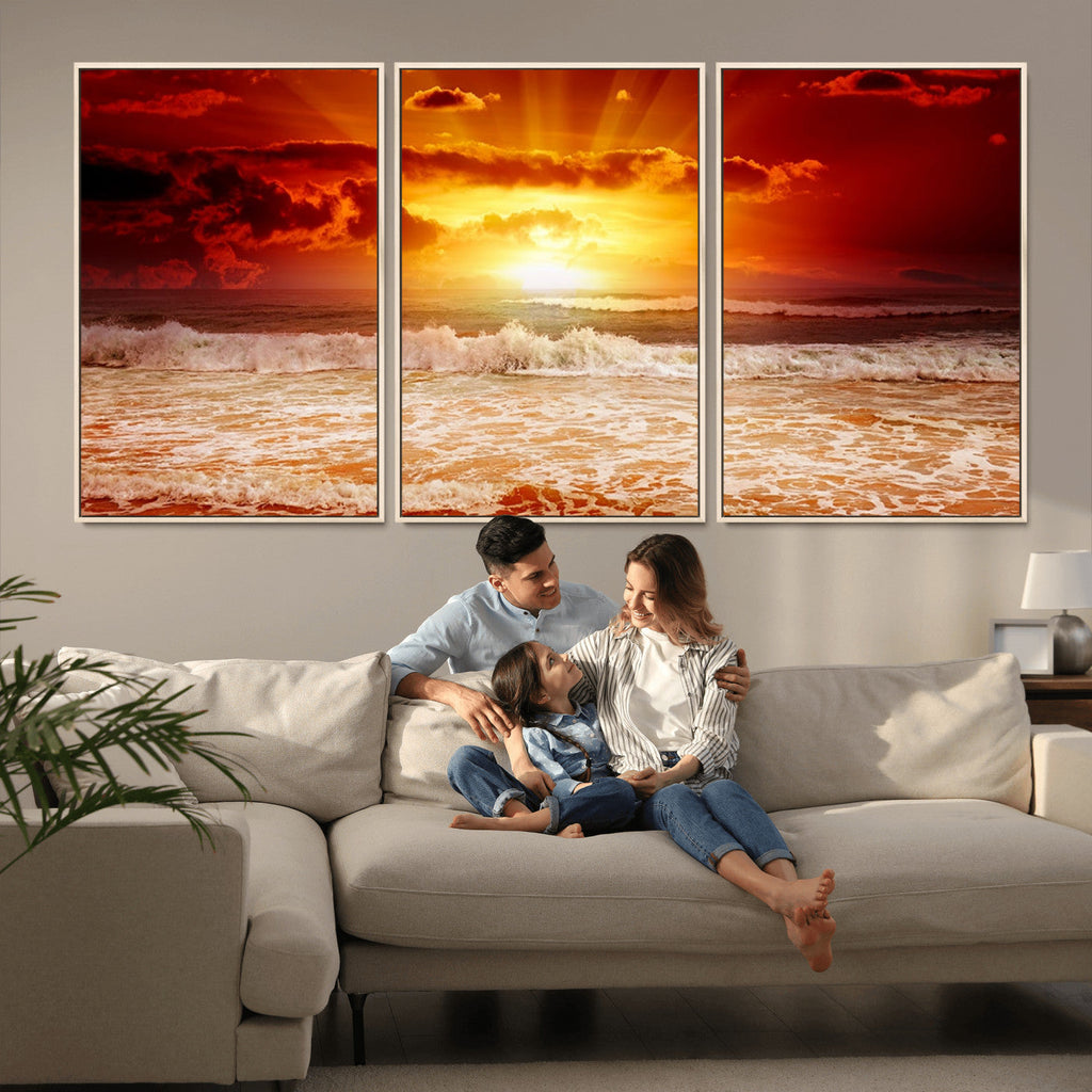 Red Sunset Ocean Beach Canvas Wall Art, Coastal Sunset Print