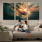 Ocean Wave Sunset Canvas Wall Art | Triptych Seascape Print