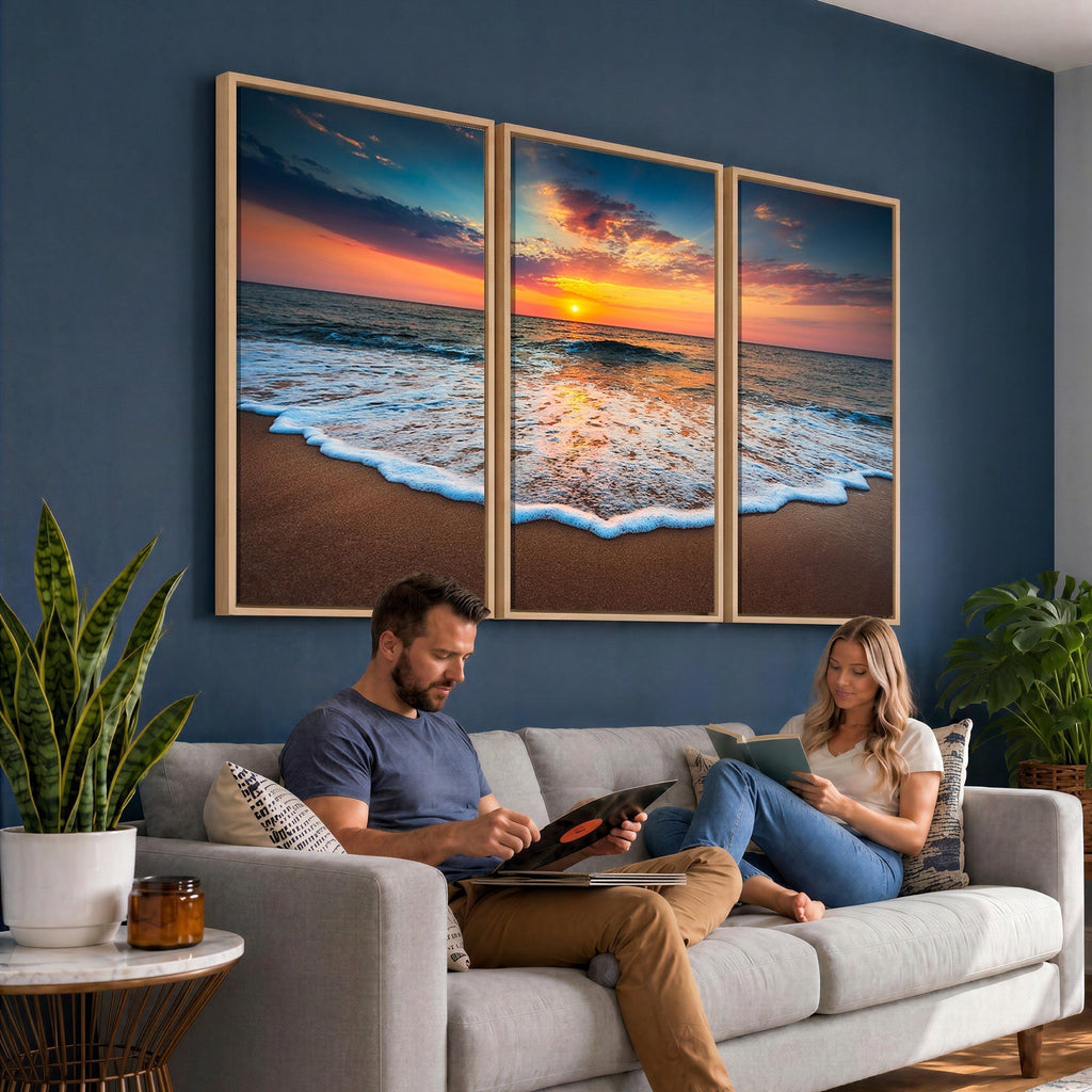 Sunset Beach Canvas Wall Art | Colorful Ocean Waves Triptych