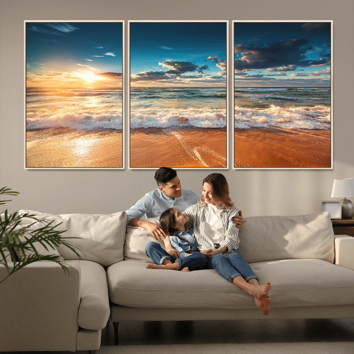 Golden Sunset Beach Triptych Canvas Art, Giclee Coastal Wall Decor, Ocean Waves Print