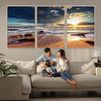 Golden Hour Beach Sunset Canvas Triptych, Ocean Waves and Rocks Wall Art