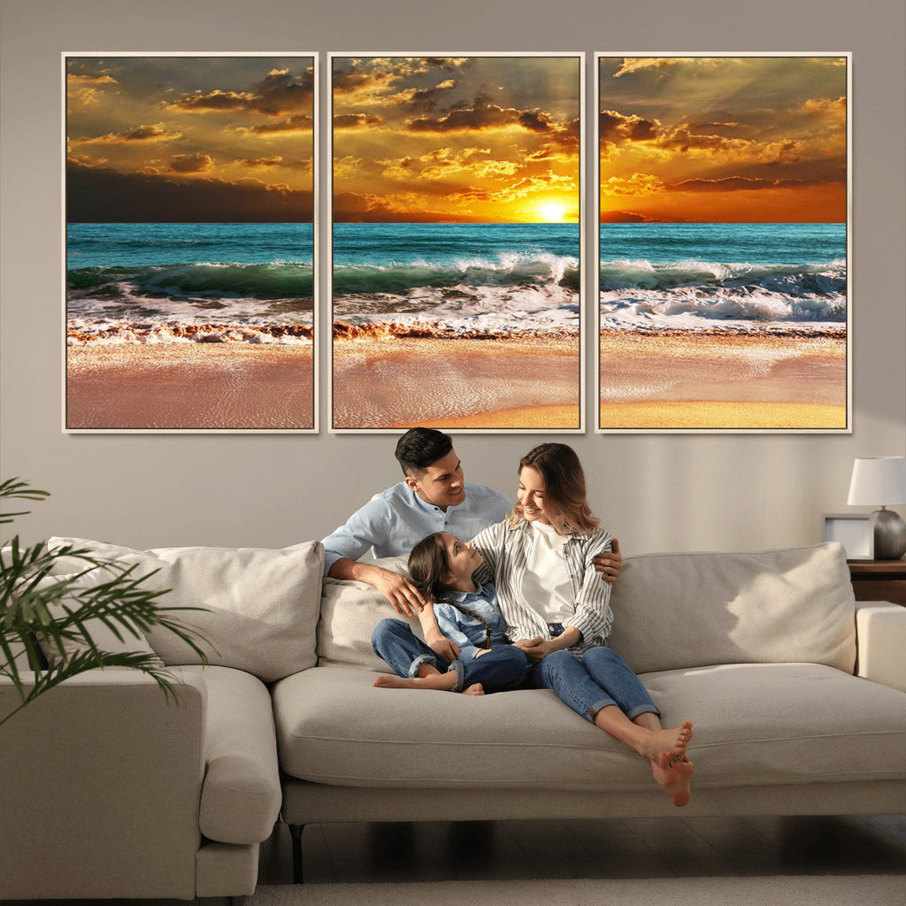 Golden Sunset Beach Canvas Wall Art | Triptych Seascape Print, Framed and Ready to Hang