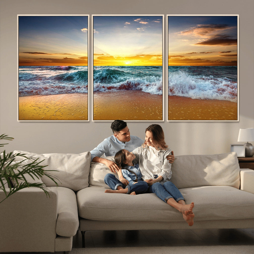 Golden Sunset Ocean Waves Wall Art Canvas Print | Multi Panel Beach Canvas Set, Coastal Triptych
