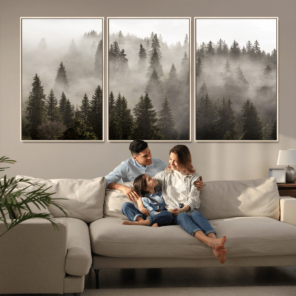 Foggy Mountain Wall Art | 3-Panel Foggy Forest and Mountain Landscape Canvas Print