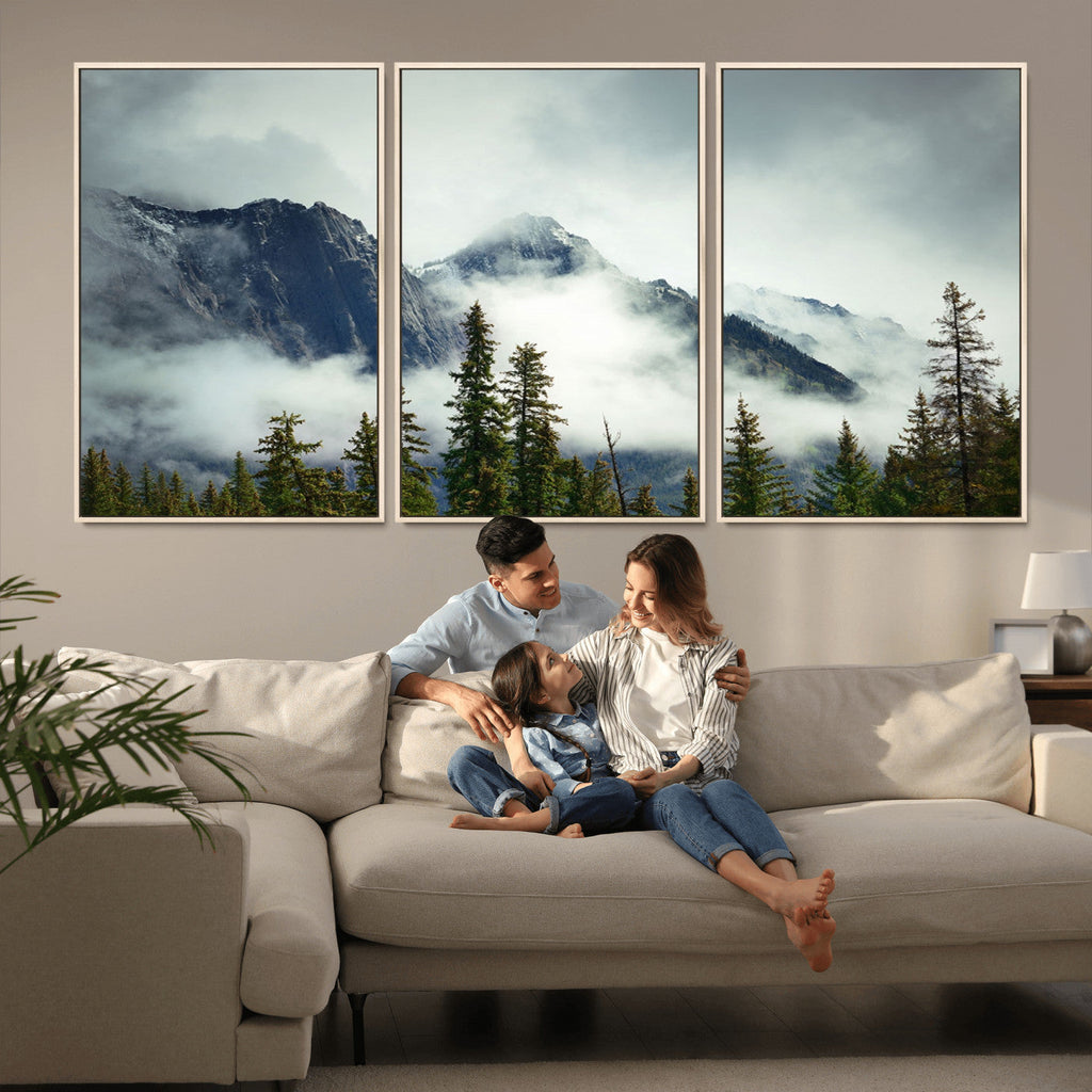 Mountain Mist Canvas Wall Art Print | 3-Panel Foggy Forest and Mountain Landscape