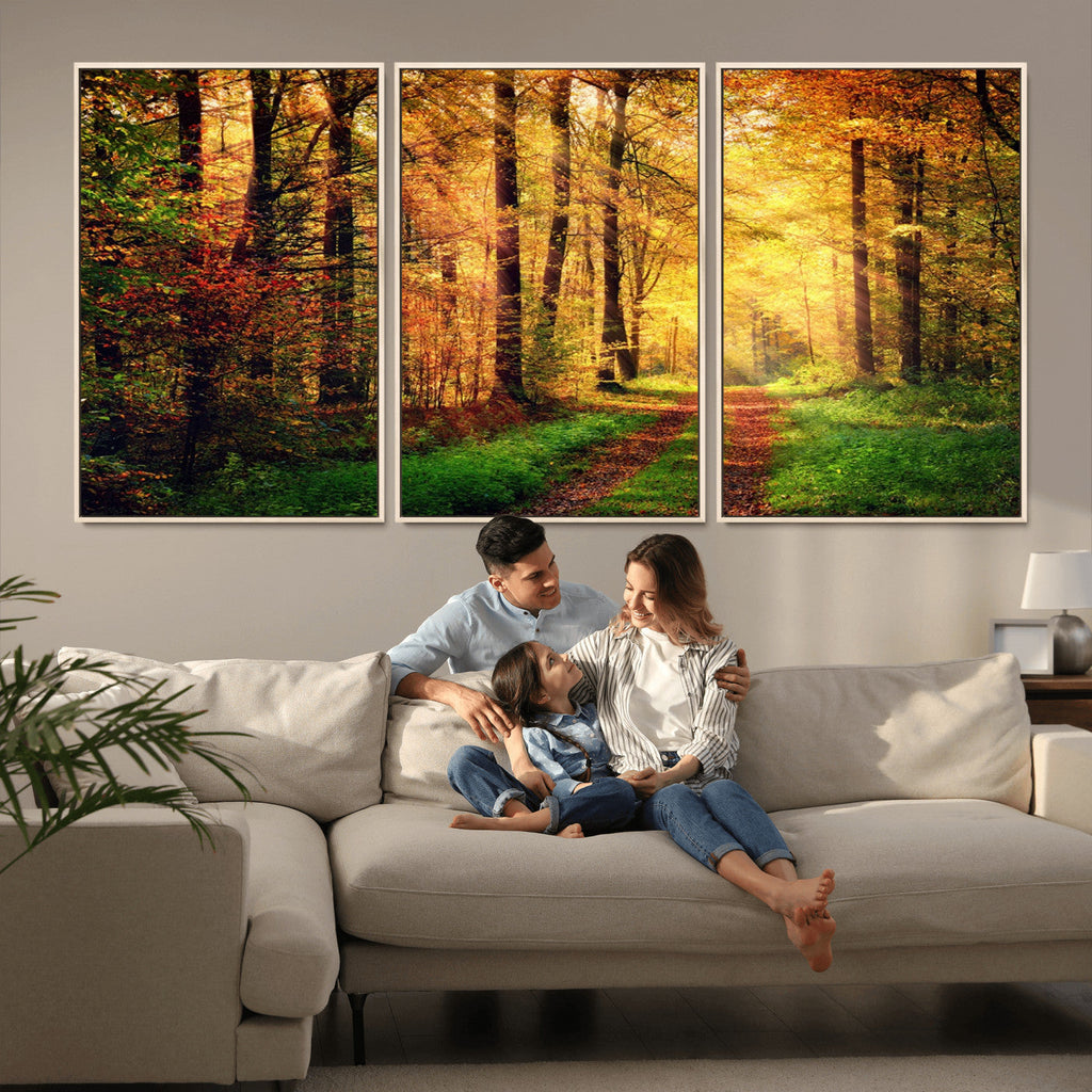 Sunlight Through Trees Wall Art Canvas Print | Autumn Forest Wall Art