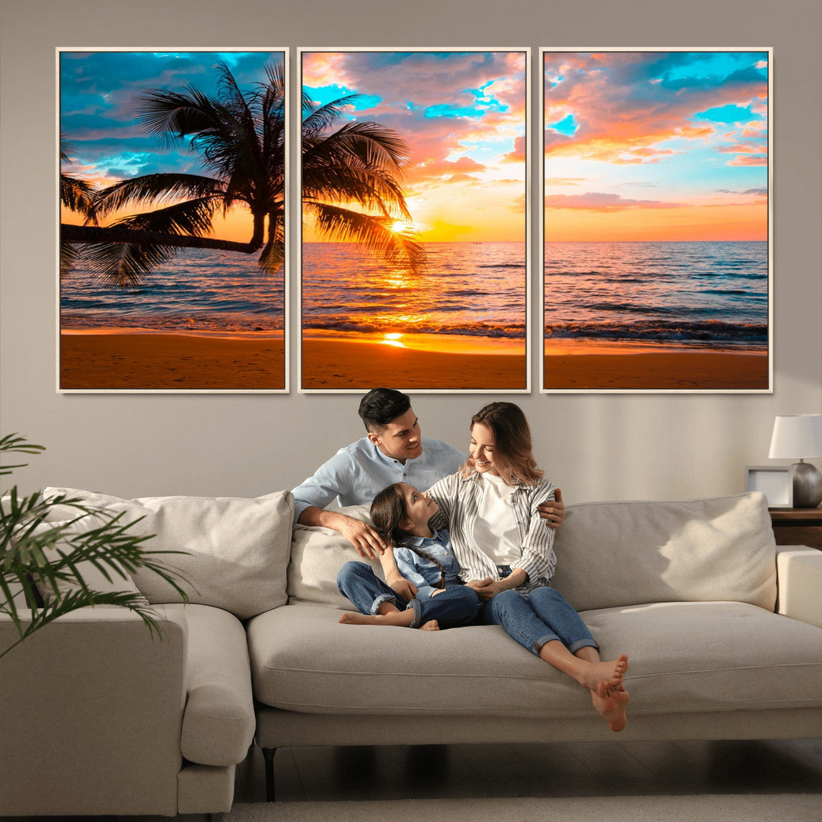 Palm Tree Sunset On The Beach Wall Art Canvas, Framed Palm Tree Sunset Canvas Print