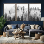 Forest Wall Art Print | Foggy Pine Forest Canvas Wall Art, Black and White Nature Decor