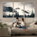 Forest Mountain Print | Black and White Canvas Wall Art with Misty Forest Design