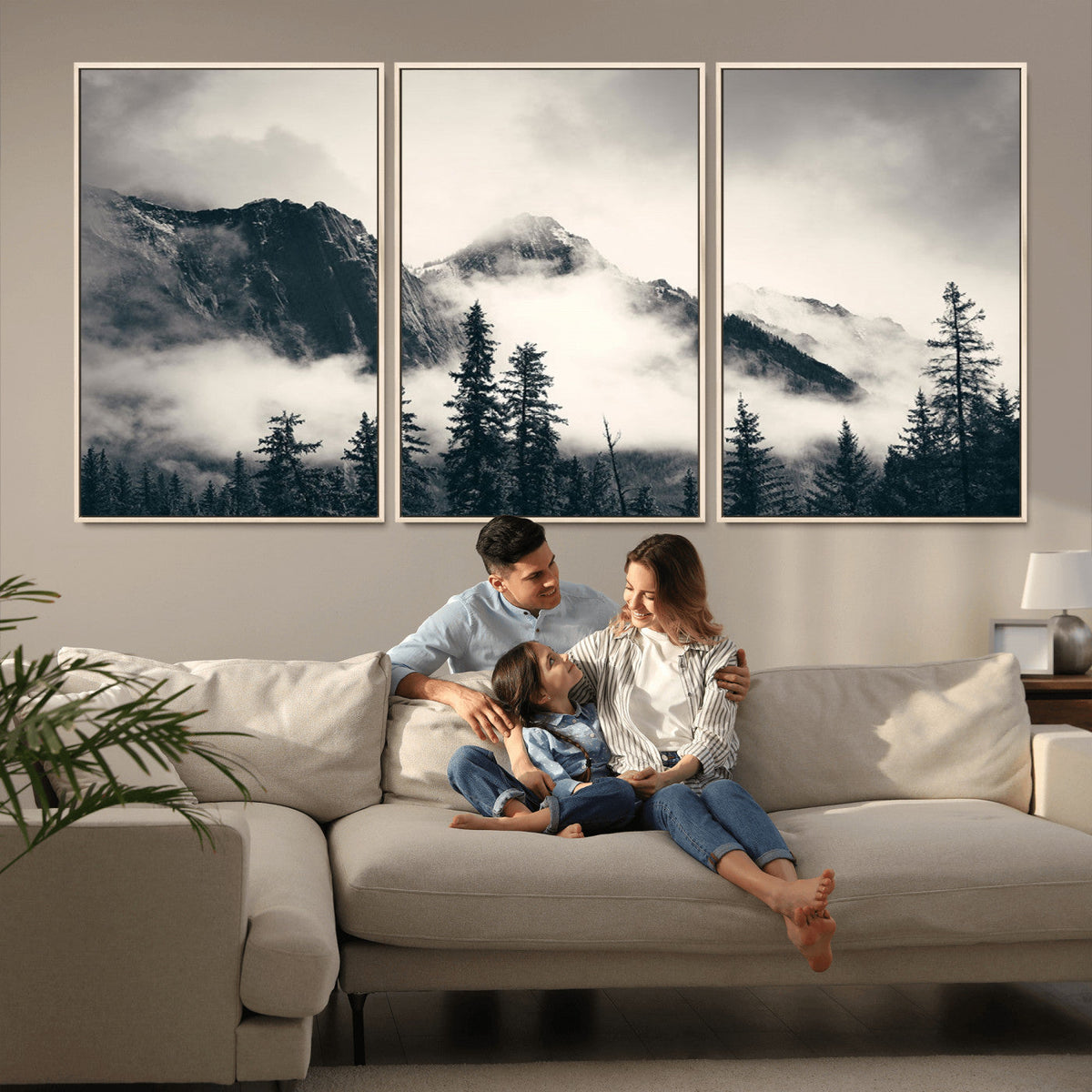 Forest Mountain Print | Black and White Canvas Wall Art with Misty Forest Design