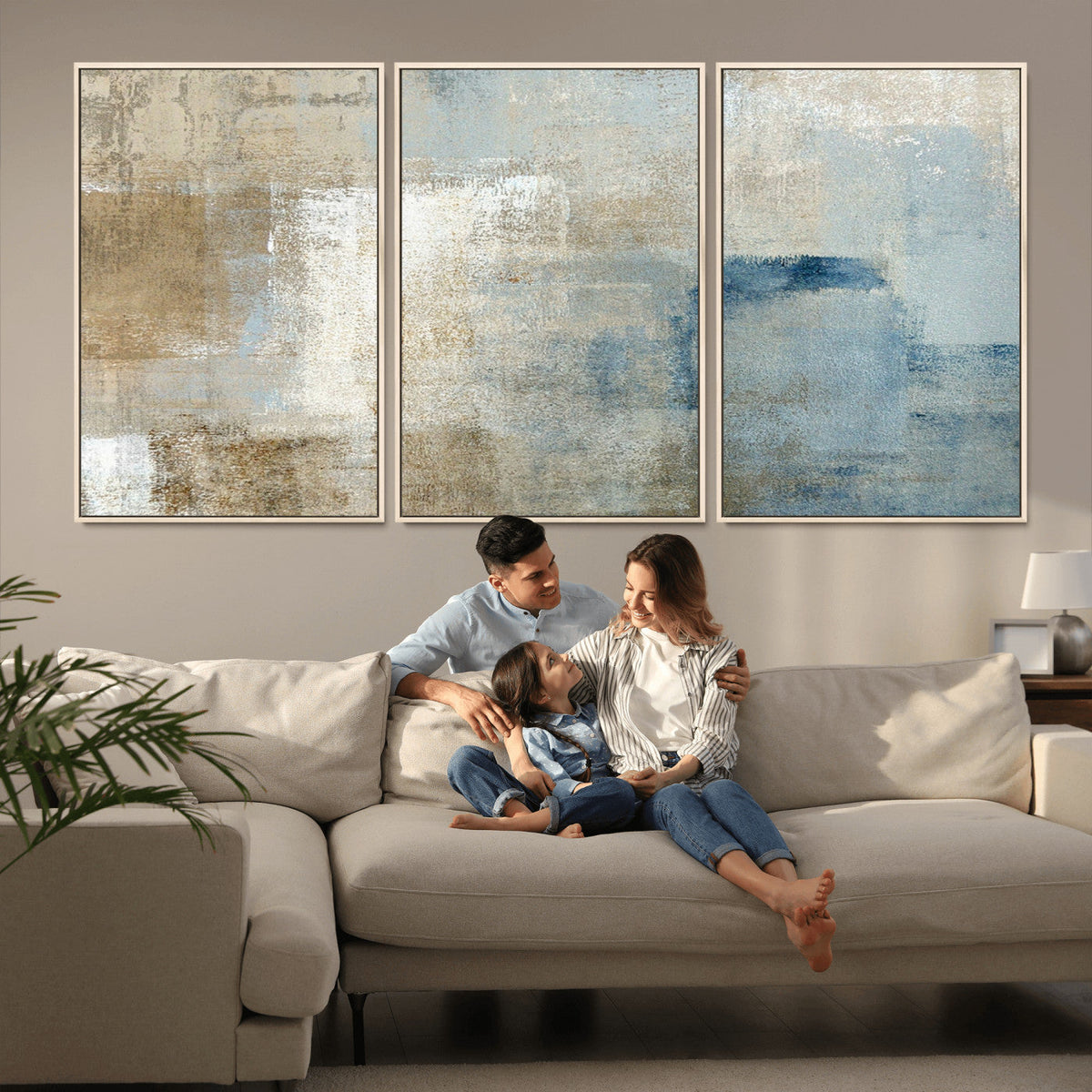 Abstract Blue and Beige Wall Art, Modern Minimalist Canvas Print Set
