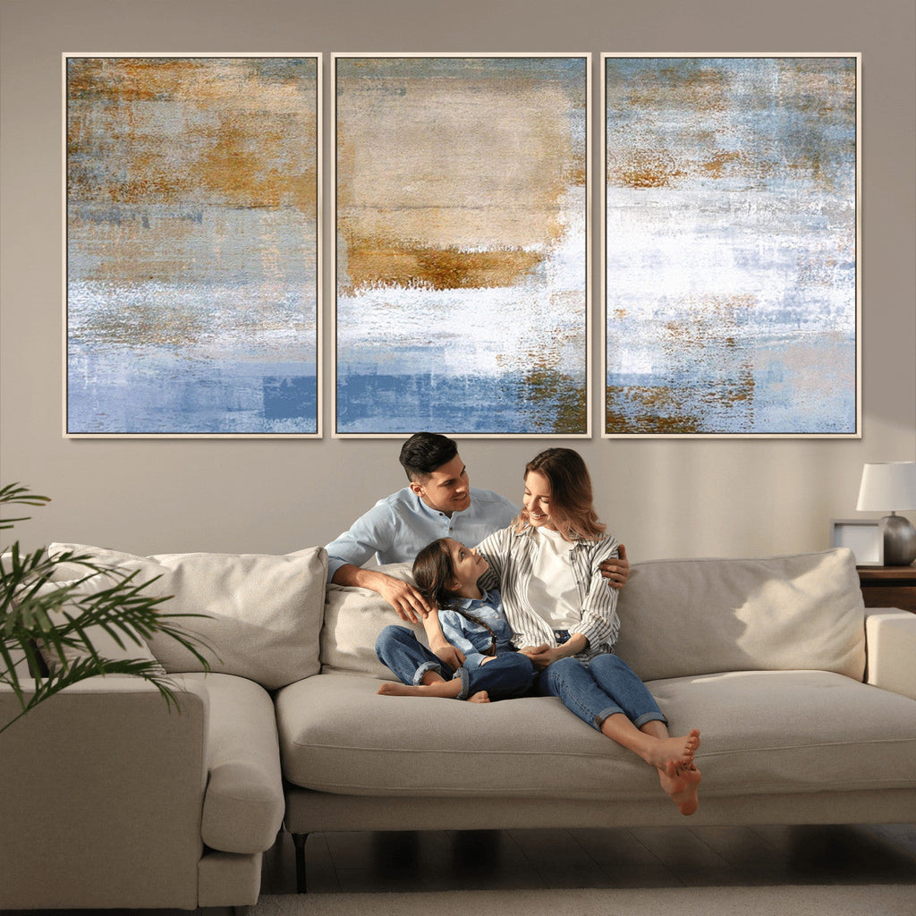 Blue Multi Panel Abstract Wall Art Canvas, Abstract Blue and Gold Canvas Print