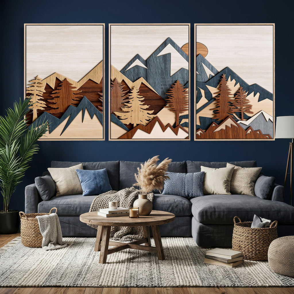 Rustic Abstract Wood Panel Effect Canvas | Mountain Range Top Wood Wall Art Canvas Print