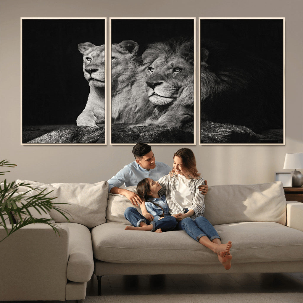 Lion Couple Wall Art Canvas Print, Elegant Black and White Wildlife Portrait