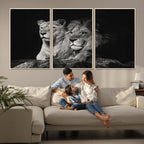 Lion Couple Wall Art Canvas Print, Elegant Black and White Wildlife Portrait