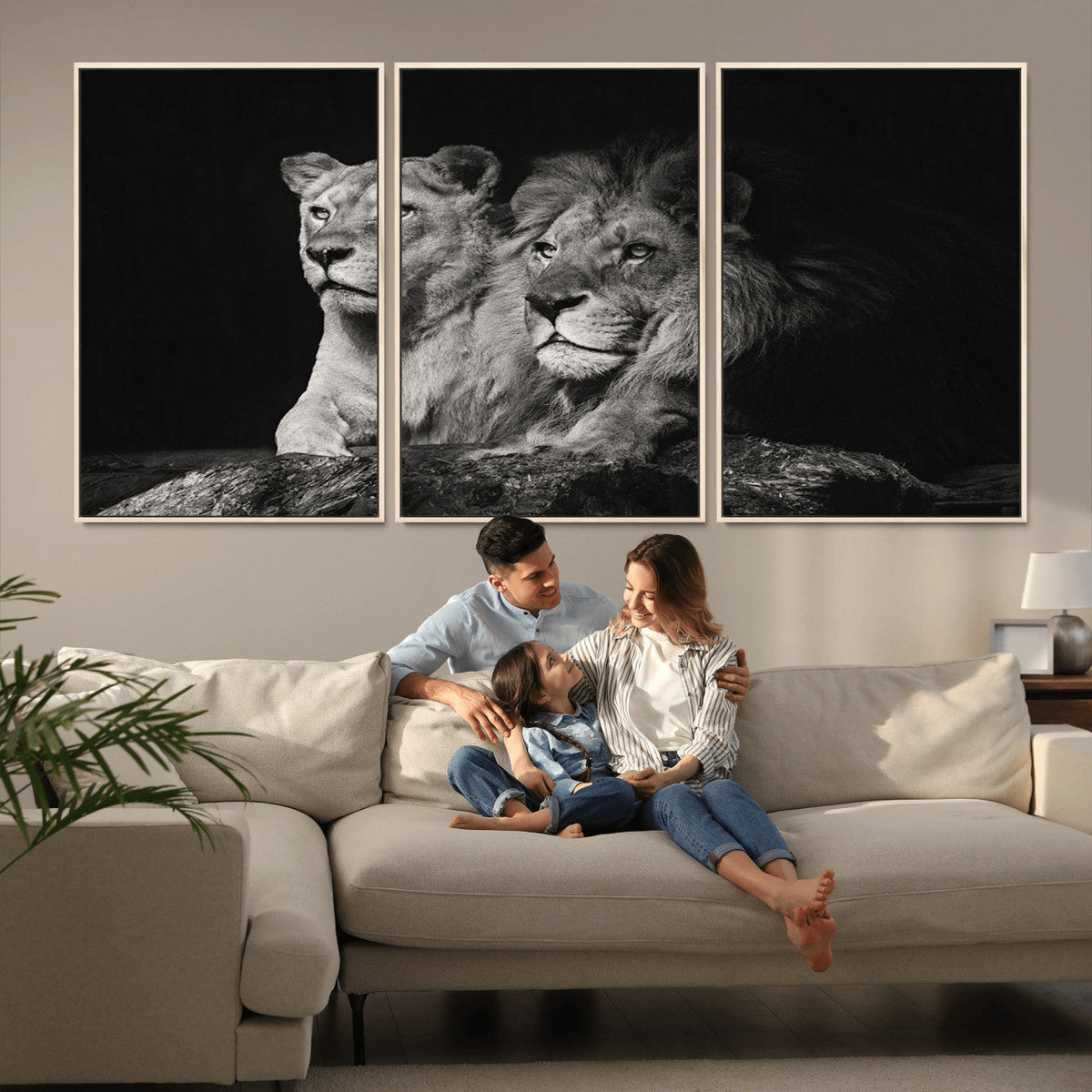 Lion Couple Wall Art Canvas Print, Elegant Black and White Wildlife Portrait