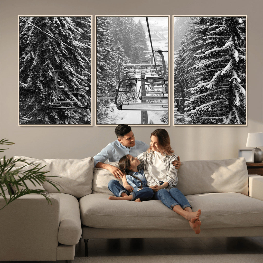 Winter Ski Lift Black and White Canvas Wall Art | Alpine Escape in Minimalist Style