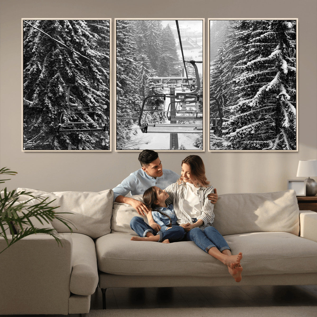 Winter Ski Lift Black and White Canvas Wall Art | Alpine Escape in Minimalist Style