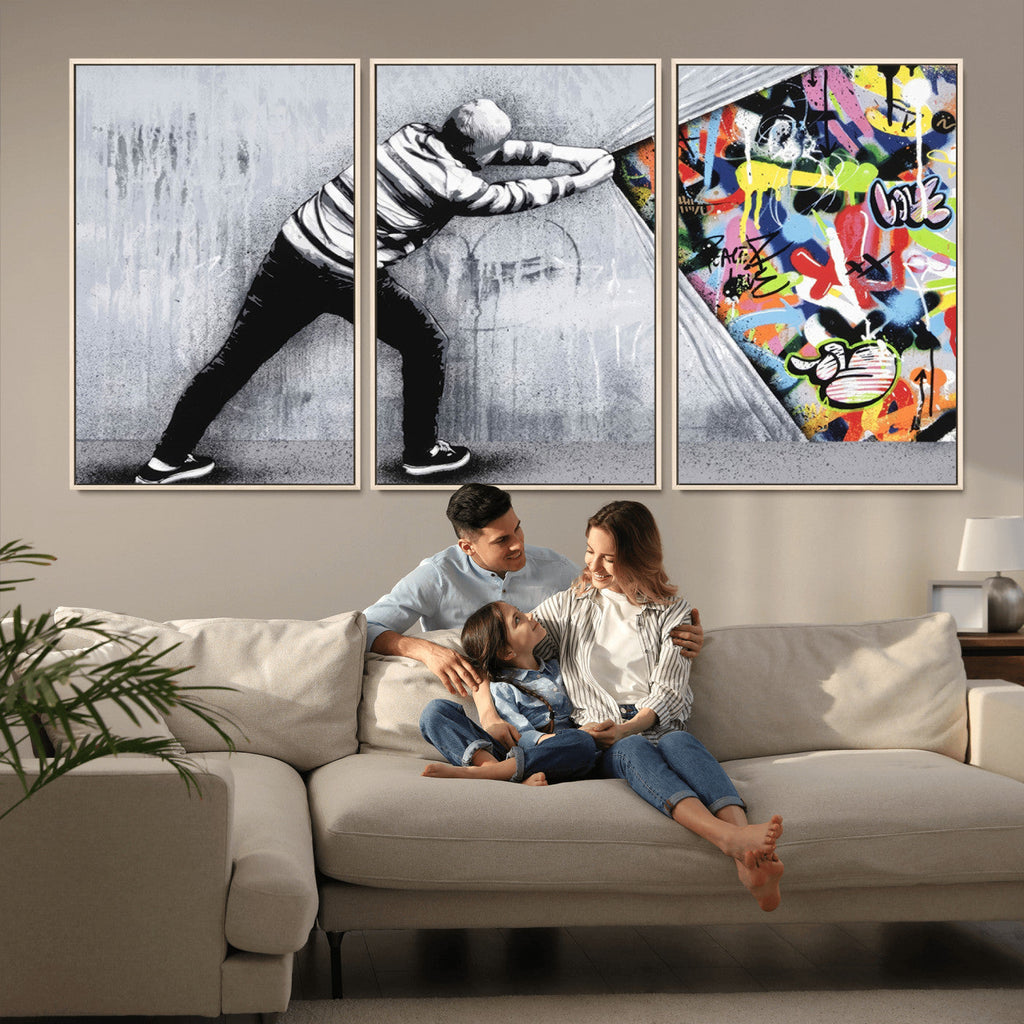 Banksy Art Behind the Curtain Street Wall Art Canvas Print | Urban Graffiti Style Wall Decor