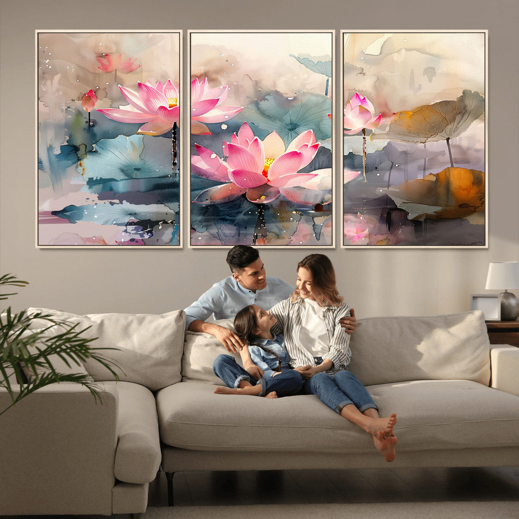 Lotus Flower Wall Art | 3 Panel Giclee Canvas Print of Pink Lotus Blossoms